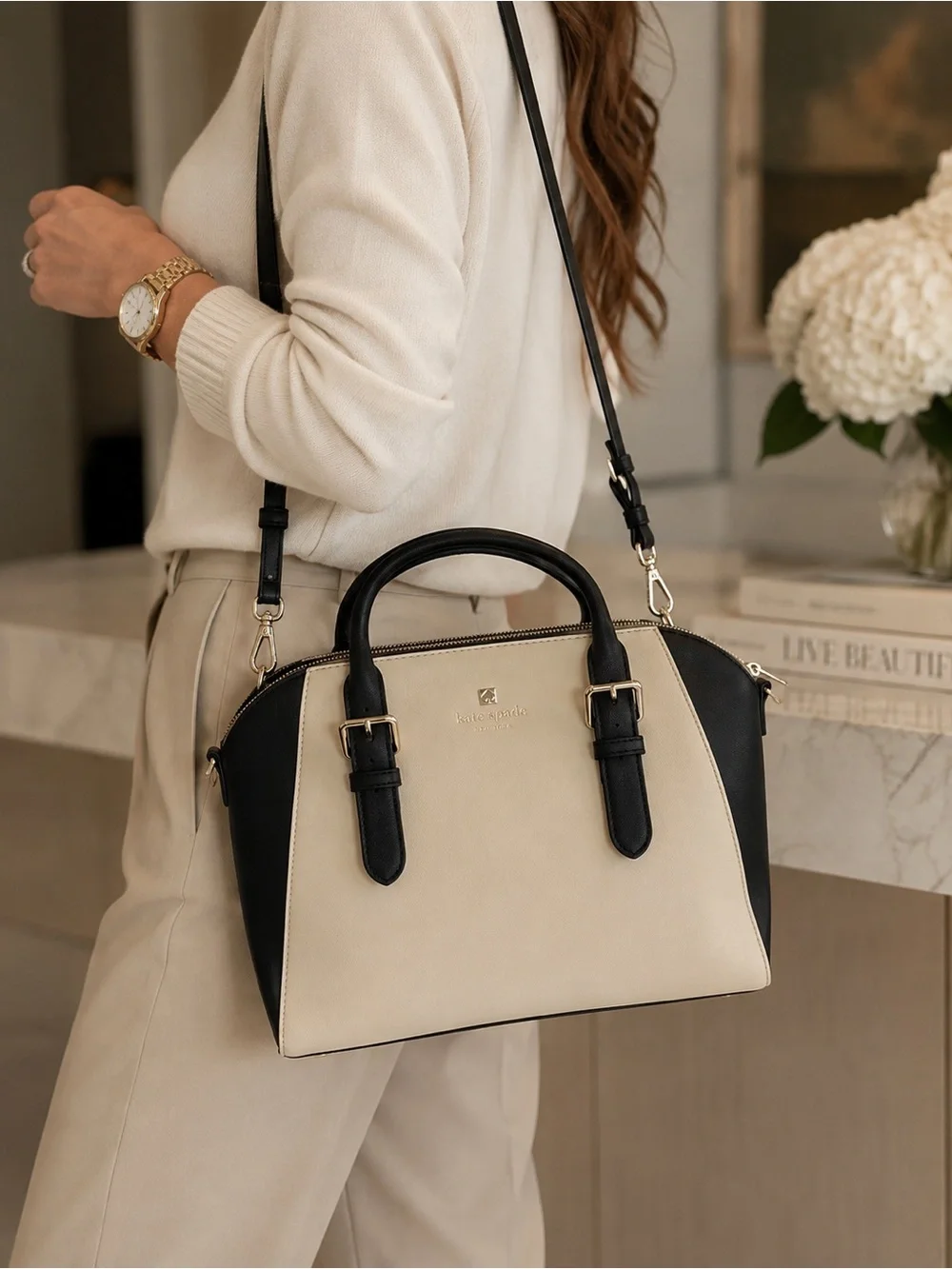 Kate Spade New York Black Cream Colorblock Satchel Crossbody Bag Quiet Luxury